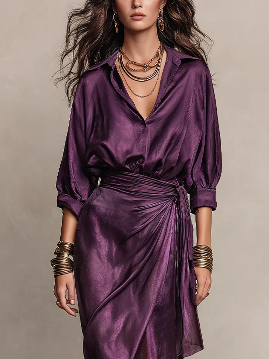 Bohemian Plum-colored Satin Shirt And Skirt Suit