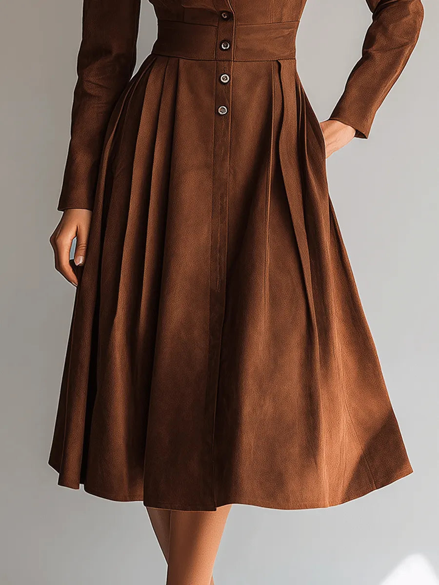 Elegant Retro Waist-Cinched Caramel Midi Dress