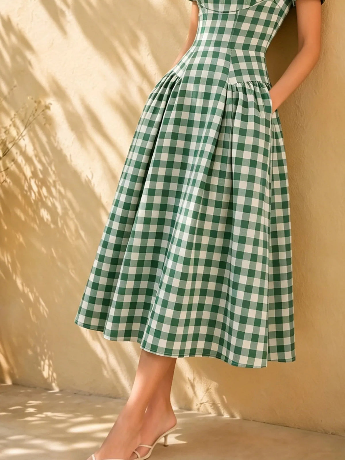 Midi Linen Dress, Short Sleeves, Round Neck, Plaid, Pocket Design, Vintage, Green