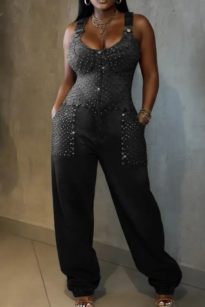 Rhinestone Studded Denim Overalls Jumpsuit