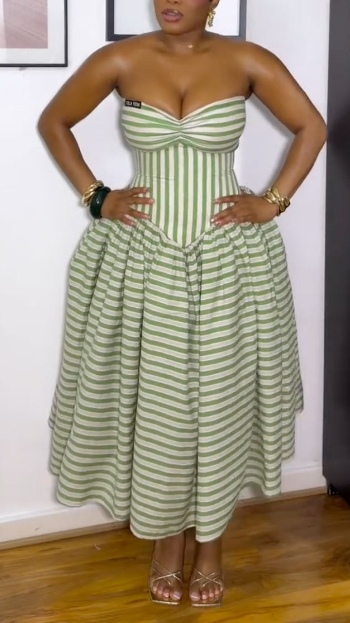 Green And White Striped Strapless Twist Bust High Waist Flared Midi Dressni Dress