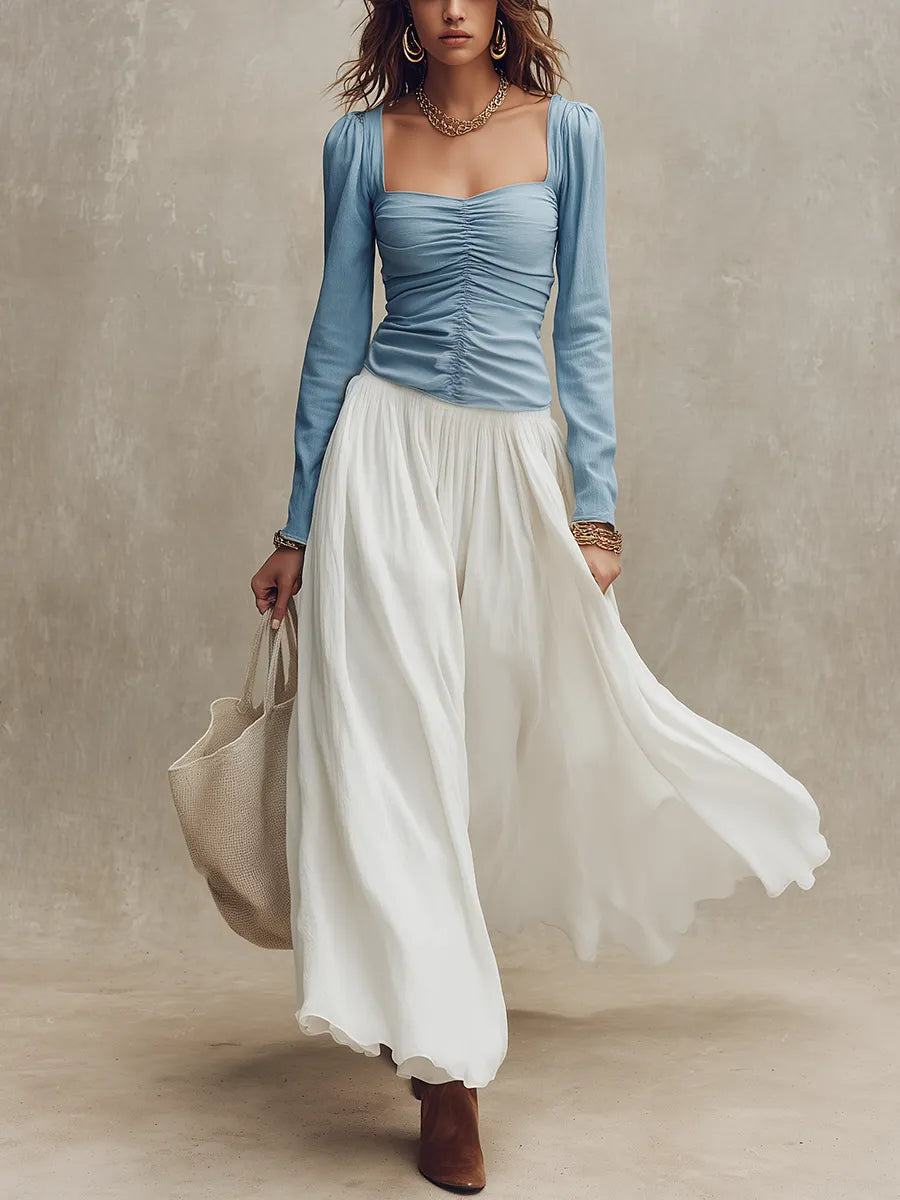 Romantic Blue Ruched Top & White Flowing Maxi Skirt Set