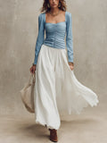 Romantic Blue Ruched Top & White Flowing Maxi Skirt Set