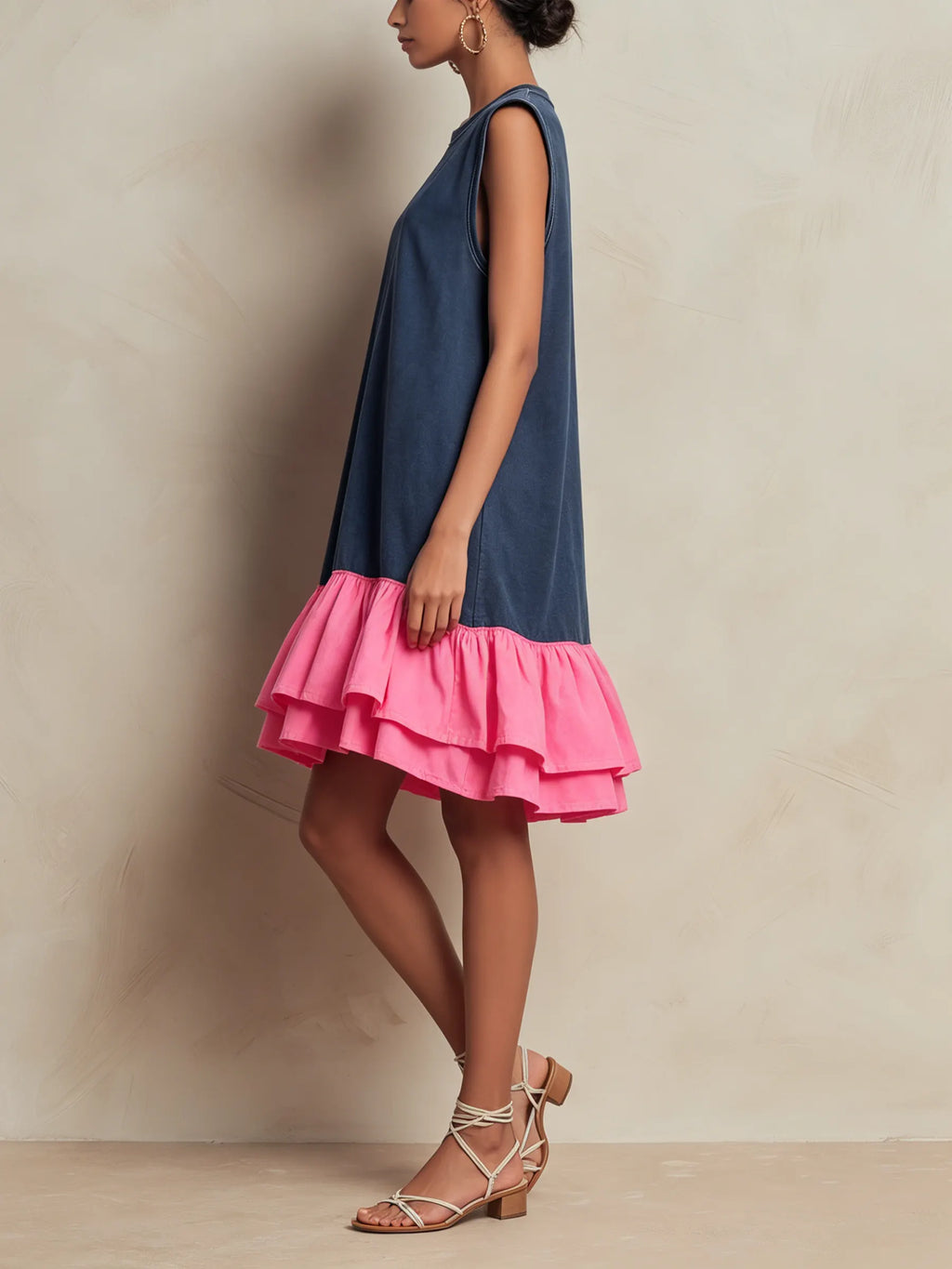 Washed French Terry Sleeveless Shift Mini Dress Contrast Hot Pink Tiered Ruffle Hem Loose Casual Dress