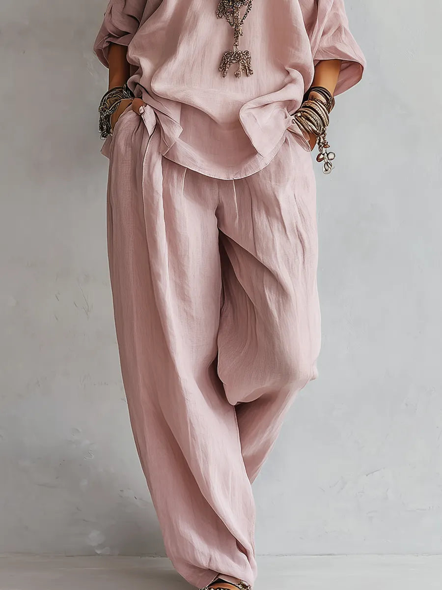 Casual Light Pink Linen Wide-leg Pants Set