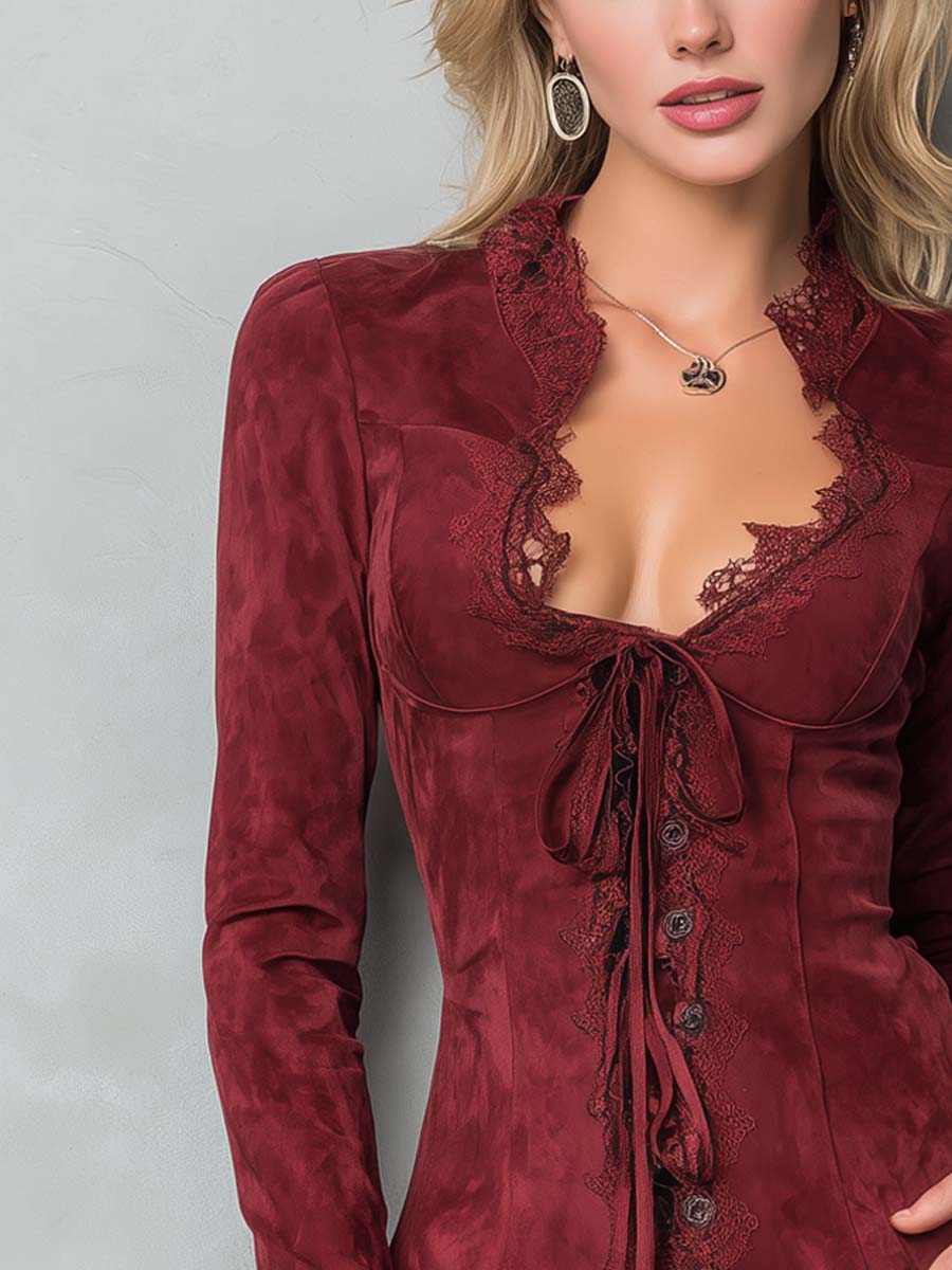 Vintage Lace Trim Polyester Suede Embroidered Blouse