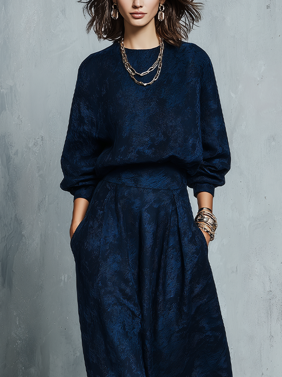 Navy Blue Textured Lantern Sleeve Top And Skirt Set