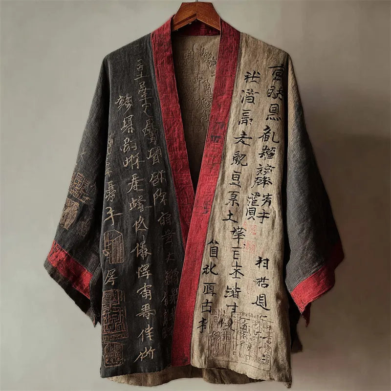 Japanese Calligraphy Art Contrast Linen Kimono Cardigan