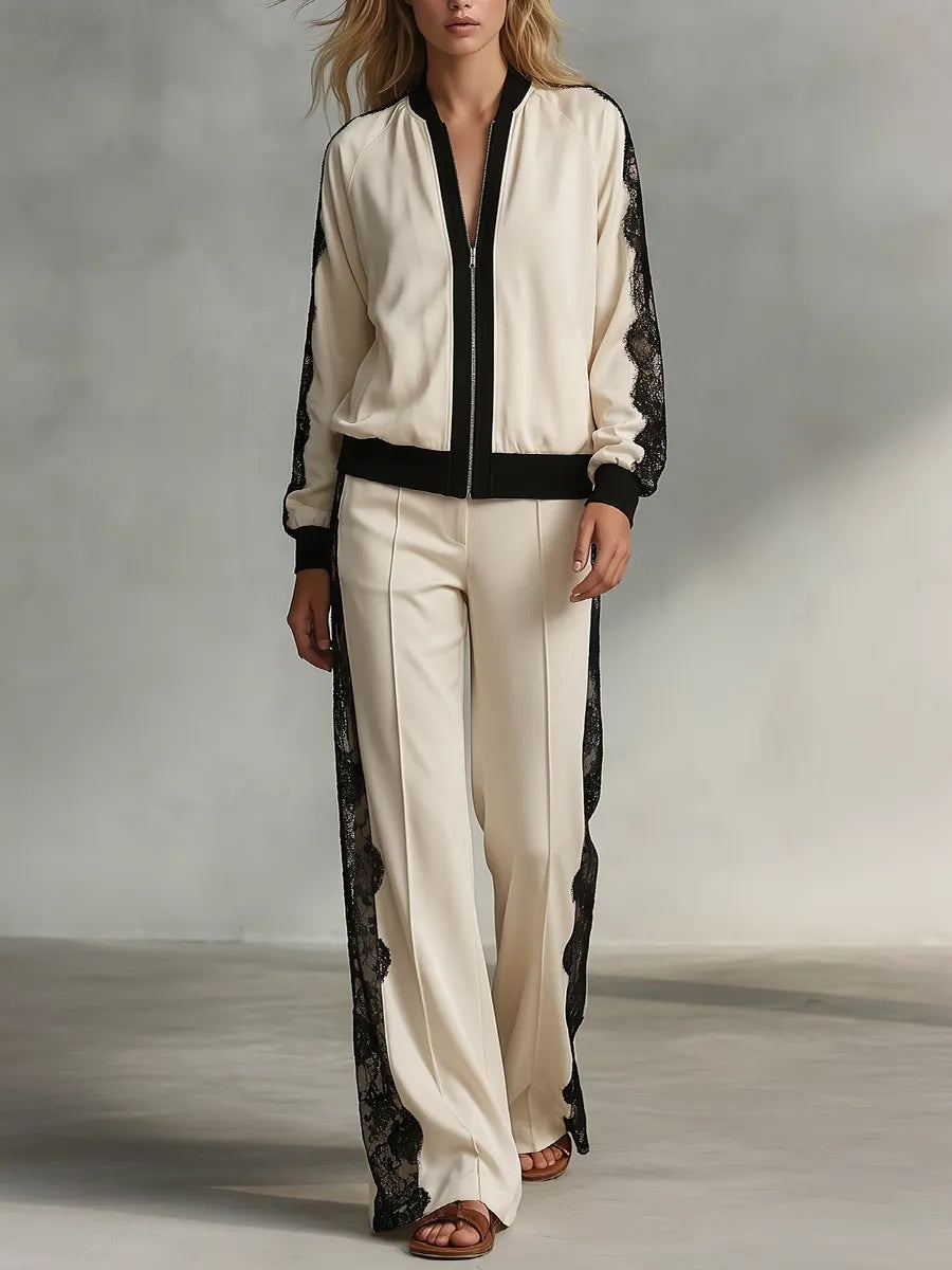 Sport Luxe Lace Panel Bomber Jacket & Wide Leg Pants Set