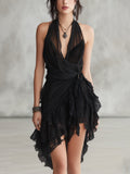 Black Halter Neck Lace Ruffled Mini Dress