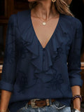 Vintage ruffled V-neck shirt with embroidered flowers