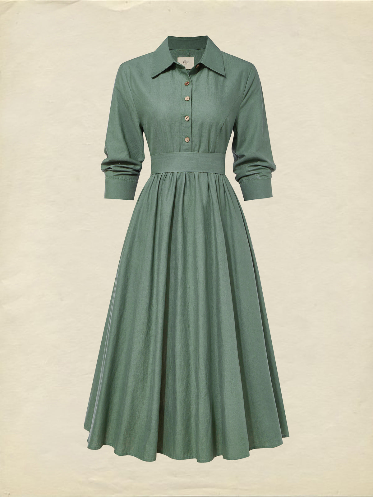 Midi Linen Dress, Half Sleeve,  Linen Blend, Plain, Renaissance, Green