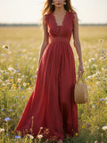Maxi Linen Dress, Sleeveless, V Neck, Lace, Vacation, Vintage, Red