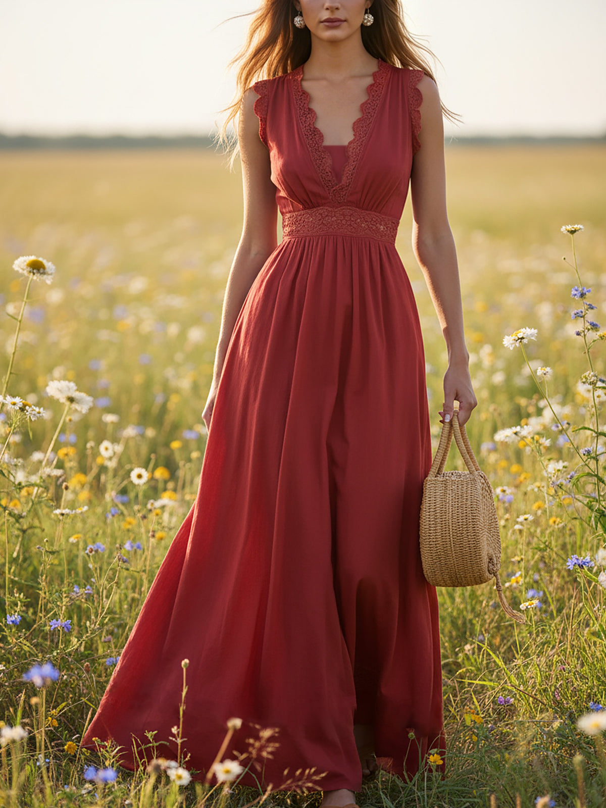 Maxi Linen Dress, Sleeveless, V Neck, Lace, Vacation, Vintage, Red