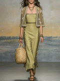 Elegant Olive Green Satin Maxi Dress And Embroidered Cardigan Two-Piece Set