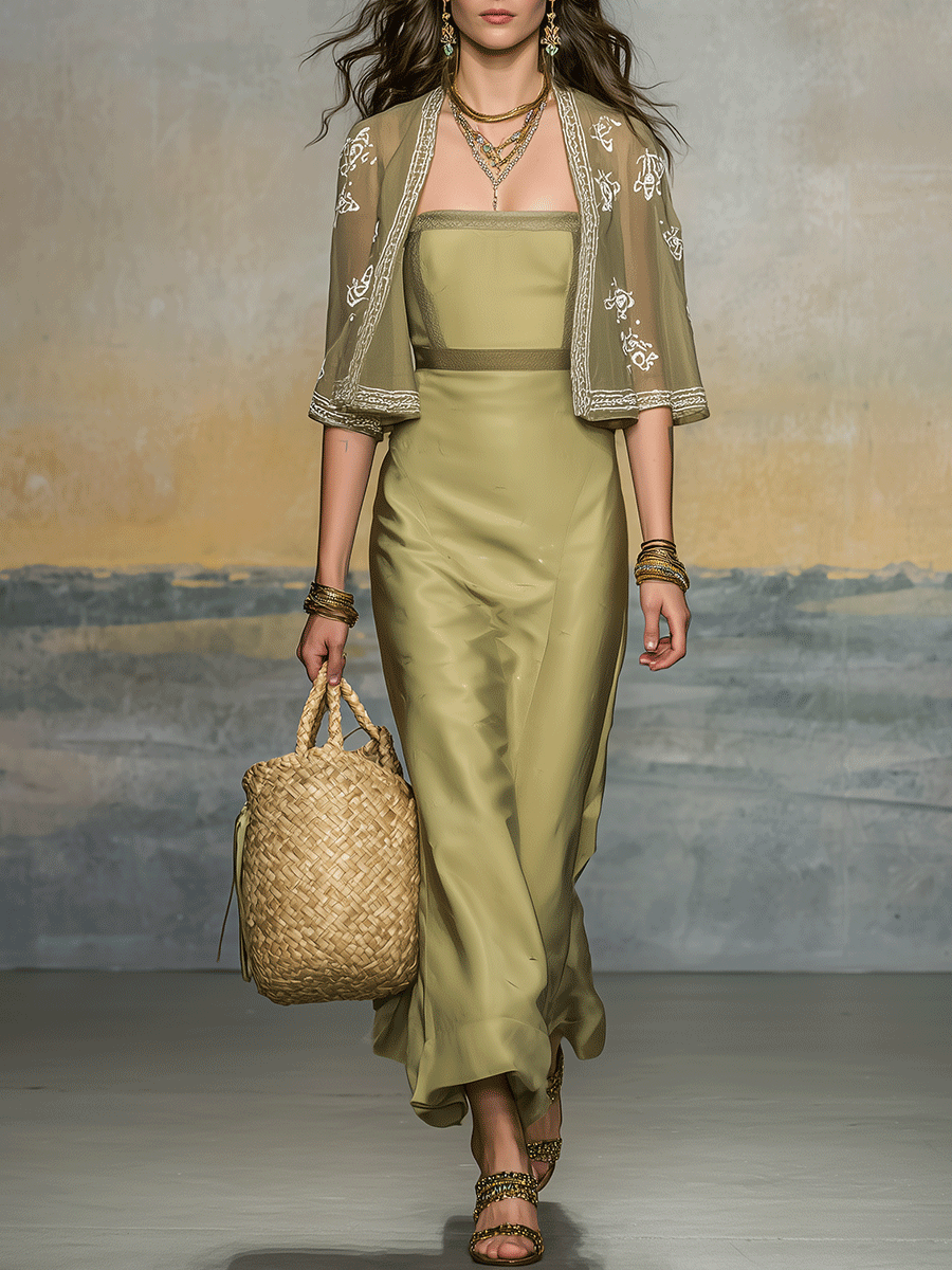 Elegant Olive Green Satin Maxi Dress And Embroidered Cardigan Two-Piece Set