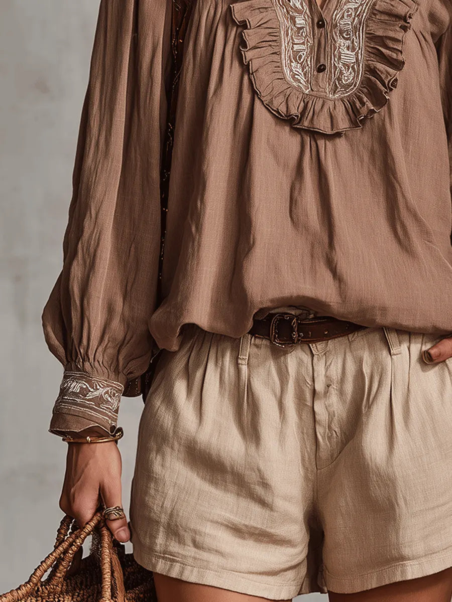 Refined Ruffle-Trim Embroidered Blouse Relaxed Linen Blend Tailored Shorts