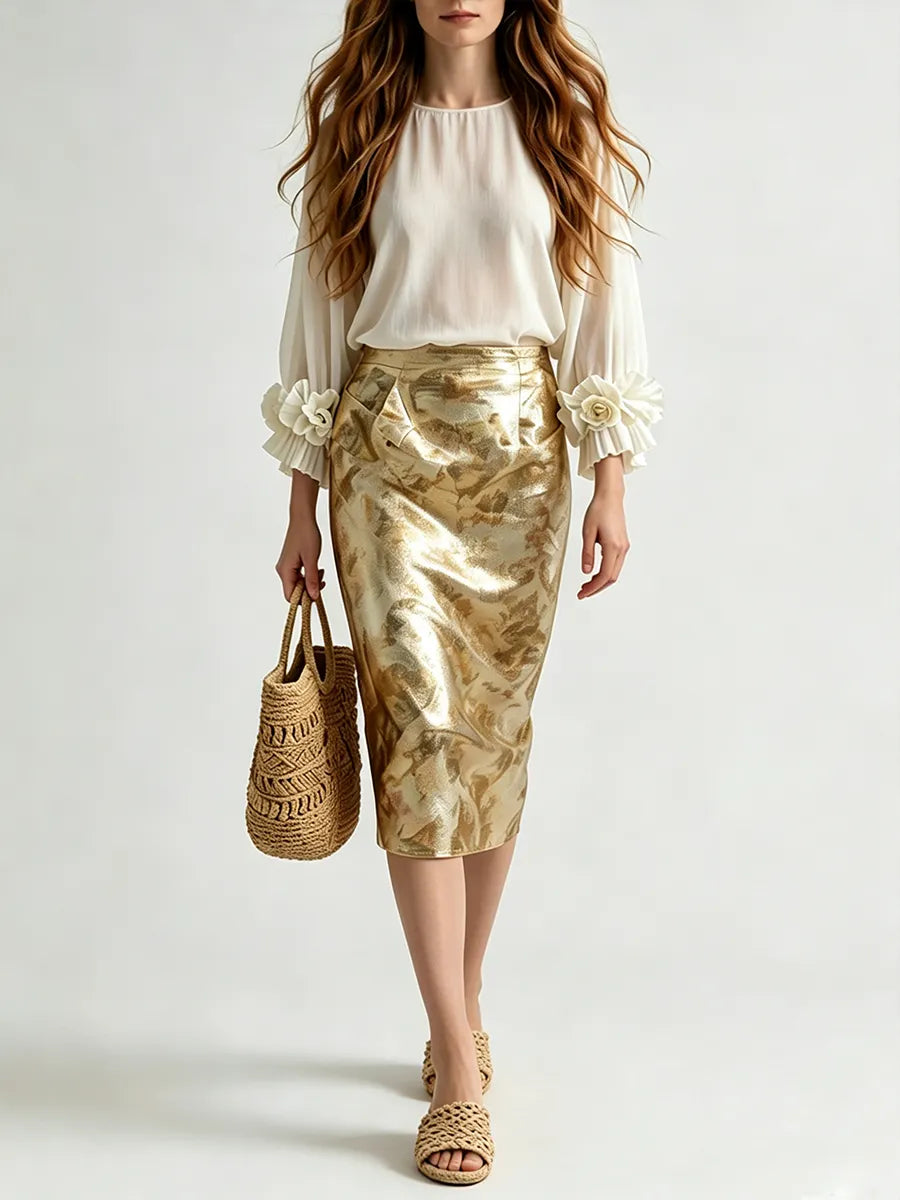 Resort Luxe Floral Appliqu¨¦ Blouse With Brocade Midi Skirt