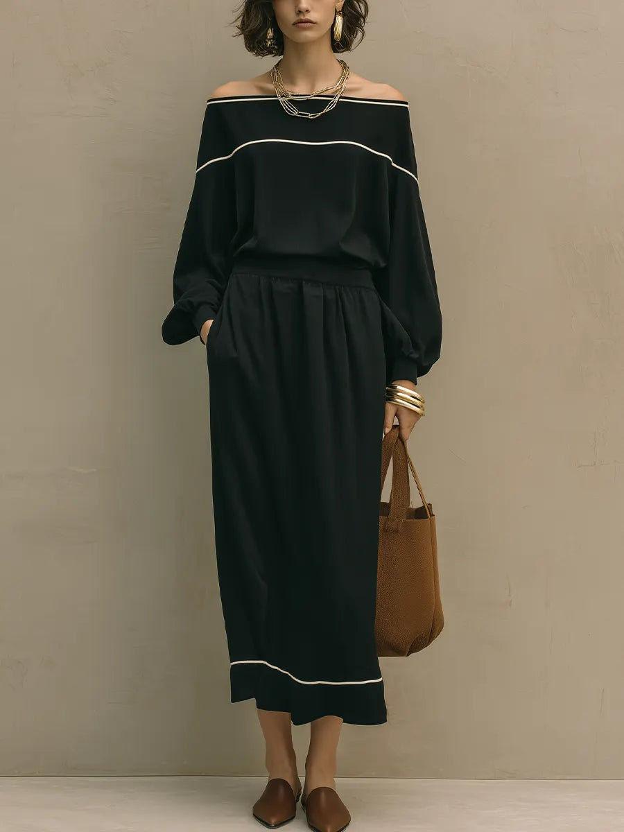 Elegant Black Off-Shoulder Knit Skirt Set