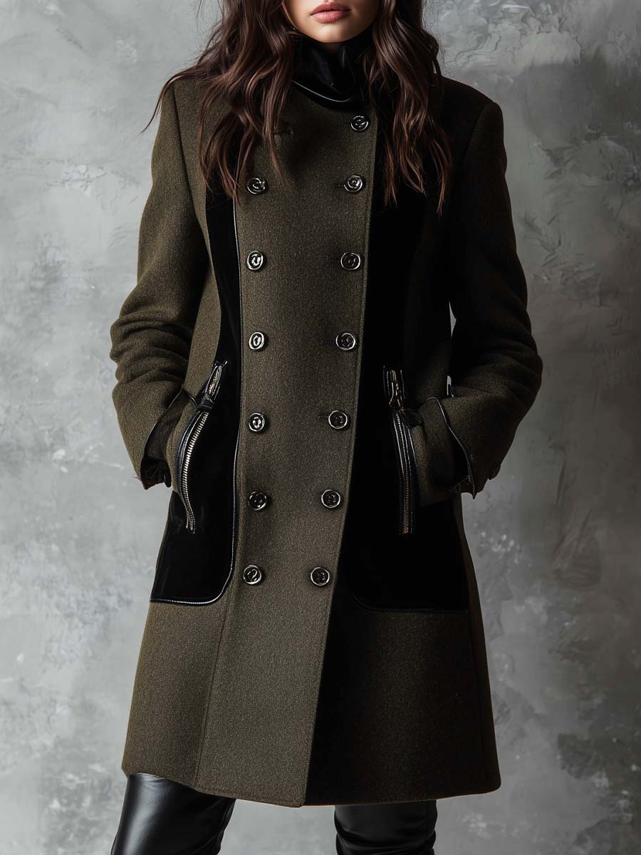 Military Green Wool-Blend Coat With Black Contrast Panels
