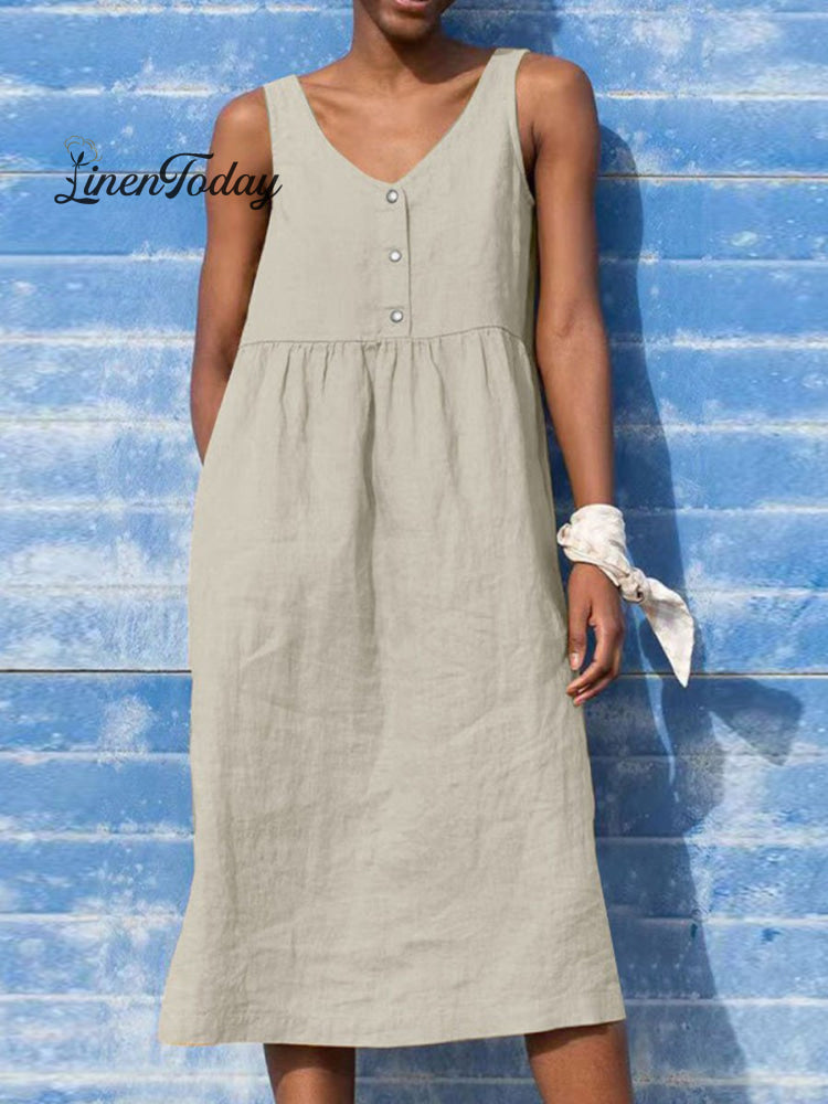 Women's Solid Color Loose Elegant Casual Cotton And Linen Sleeveless Dress