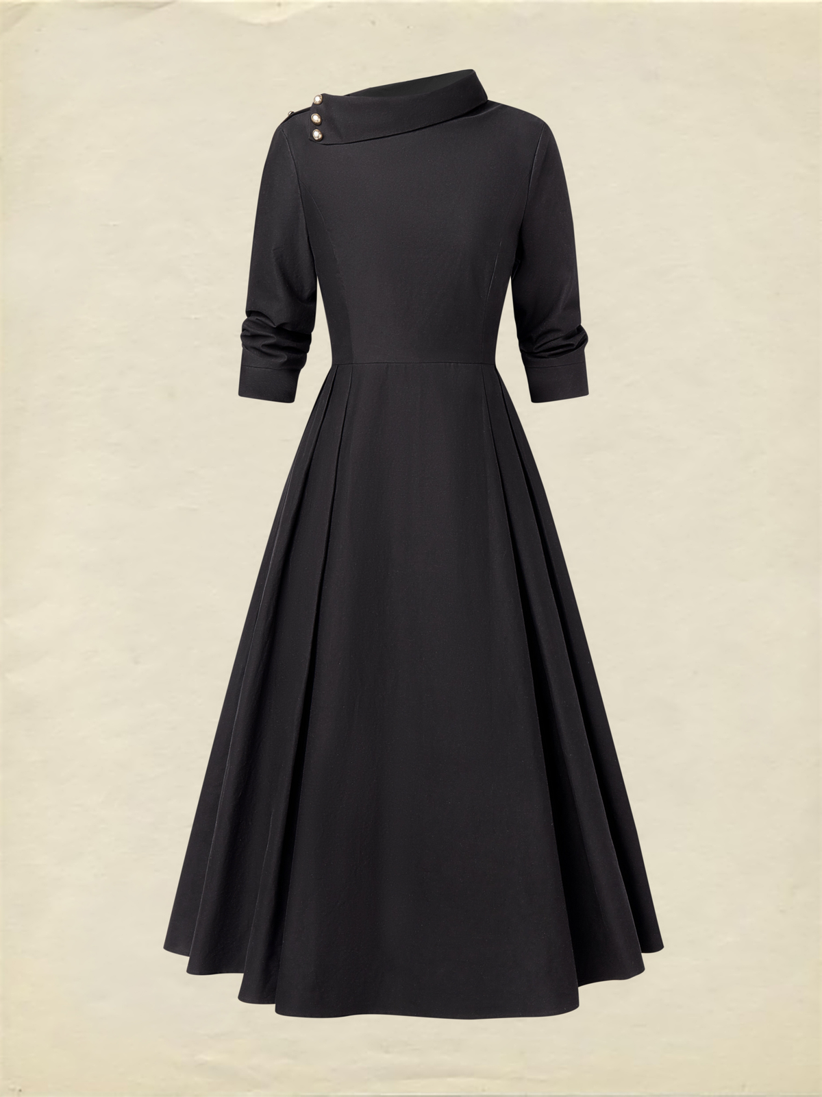 Midi Cotton Dress, Half Sleeve, Shawl Collar, Plain, Pocket Design, Vintage, Crimson