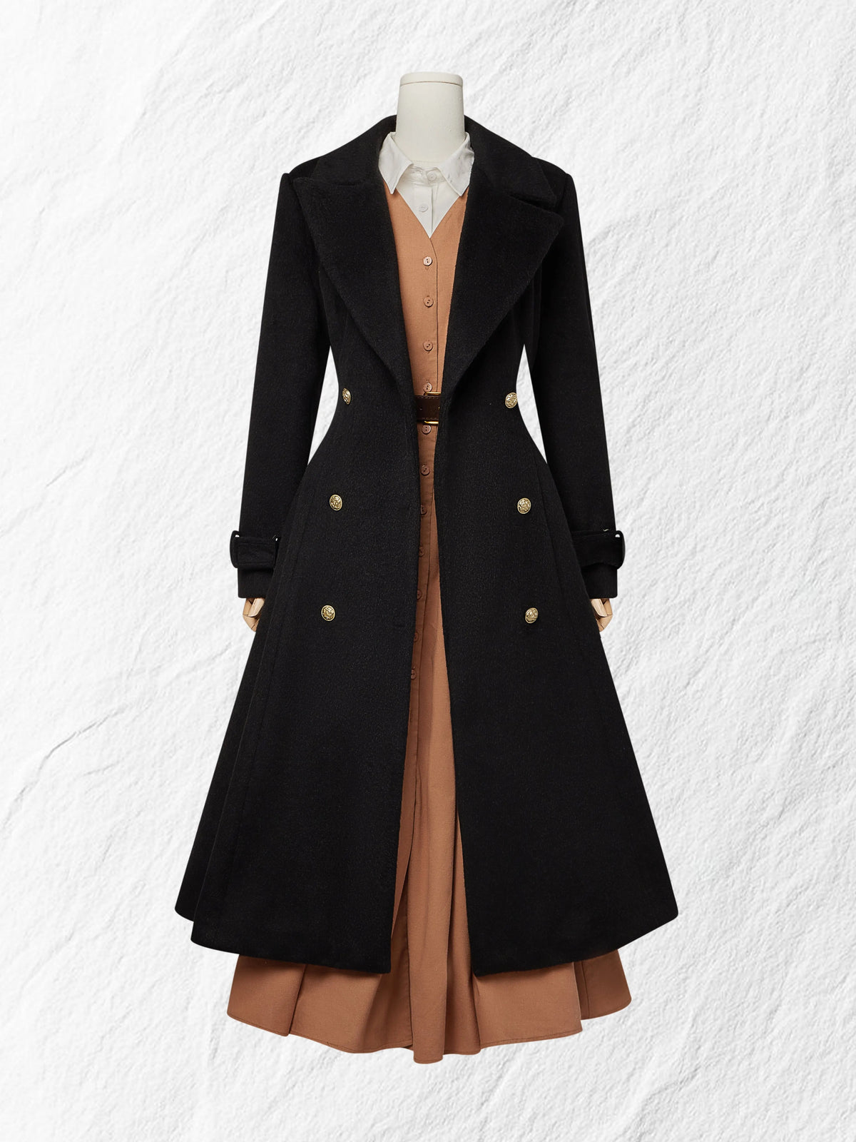 Wool Trench Coat, Long Sleeves, Lapel Collar, Plain, Button Design, Vintage, Black