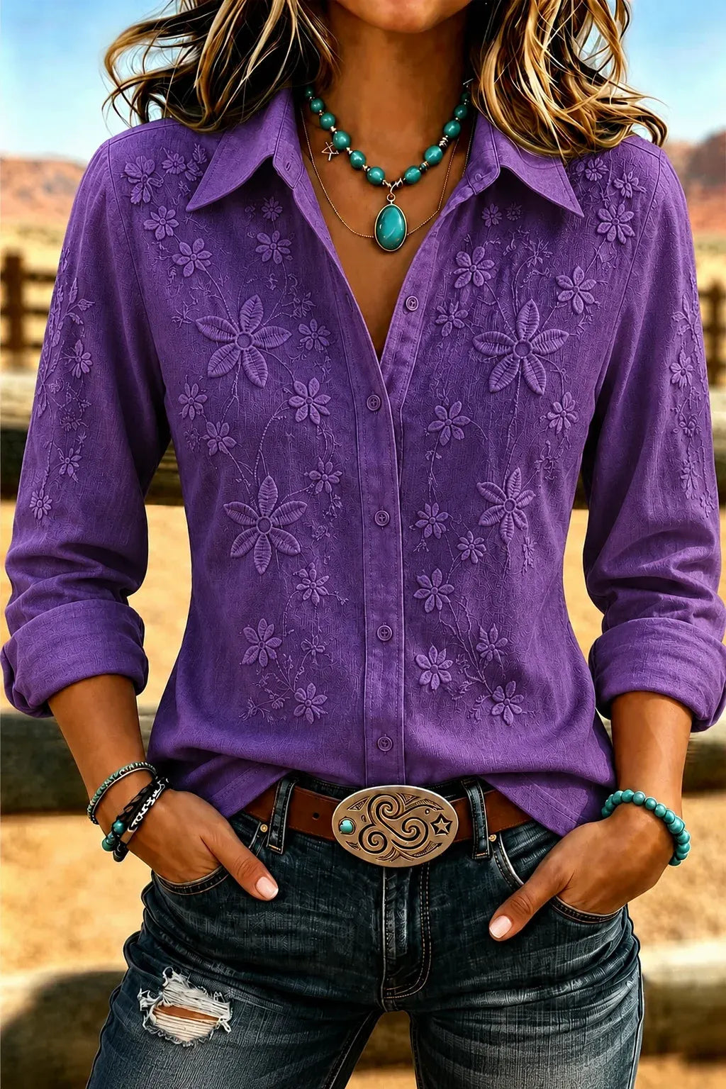 Women'S Retro Floral Casual Long Sleeved Loose Shirt