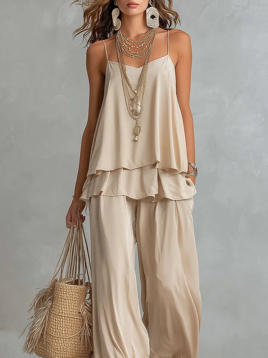 Minimalist Resort Style Beige Camisole Wide Leg Suit