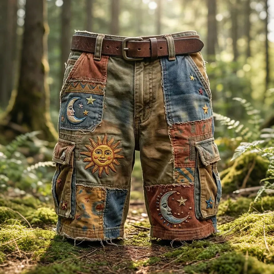 Men's Patchwork Sun Moon Star Boho Art Print Denim-like Cargo Shorts(no Belt)