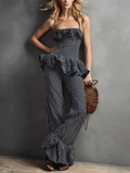 Women's Casual Black & White Striped Woven Cami Top And Ruffled Pants Set MDZ1187E2LXY