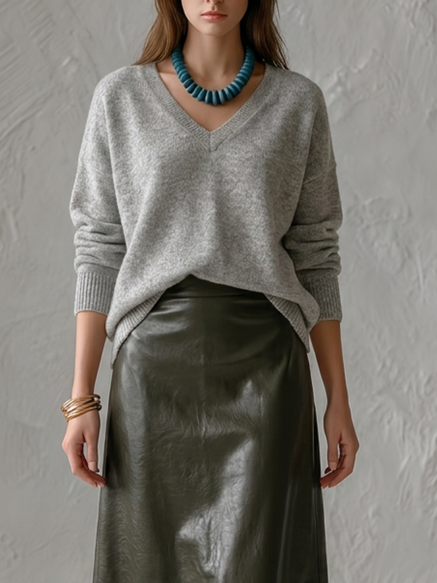 Grey V-Neck Sweater & Olive Maxi Skirt Set