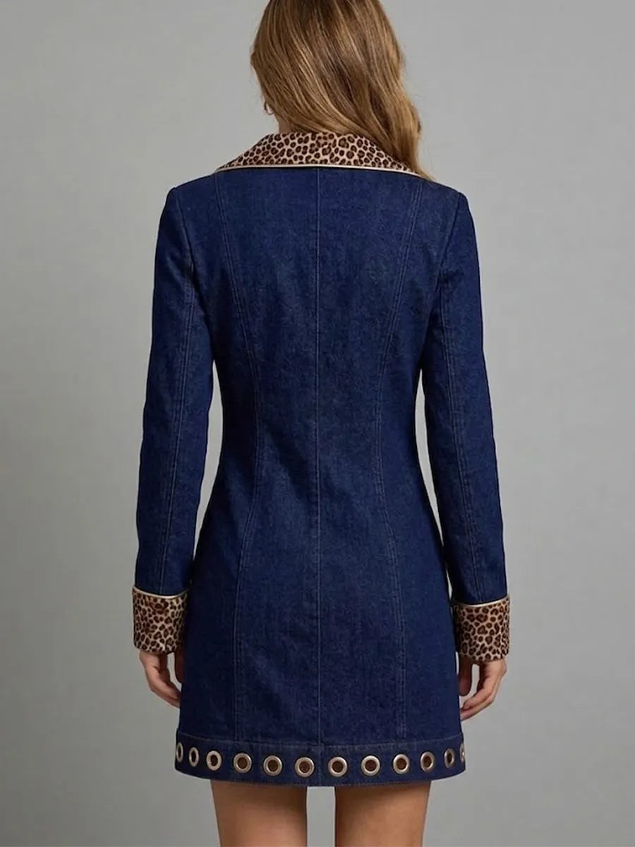 Leopard-print Collared Double-breasted Denim Dress