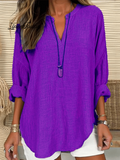 Women's Cotton Long Sleeve Round Neck Solid Color Loose Beach Shirt