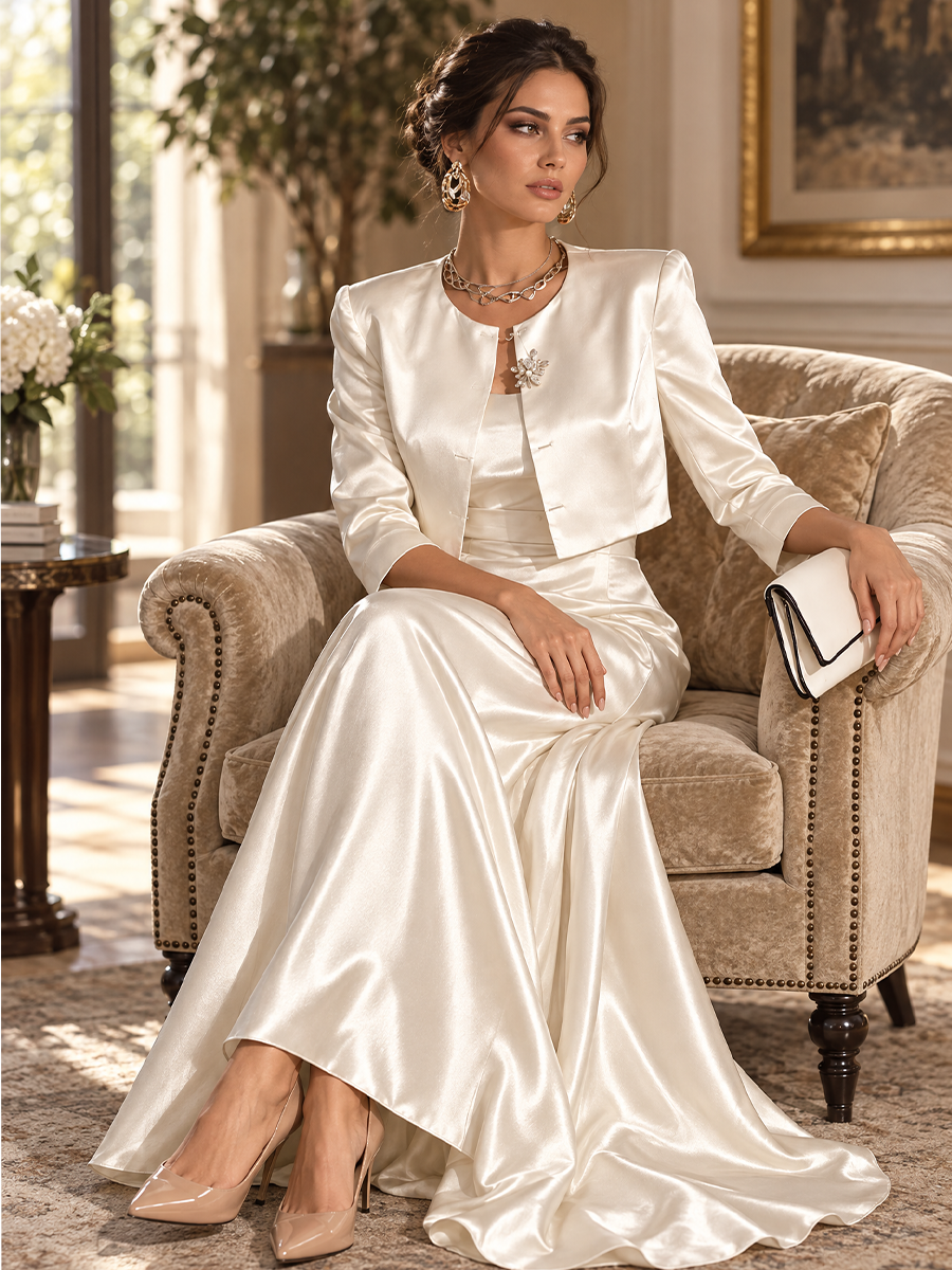 Elegant Ivory Satin Cropped Jacket & Maxi Dress Set