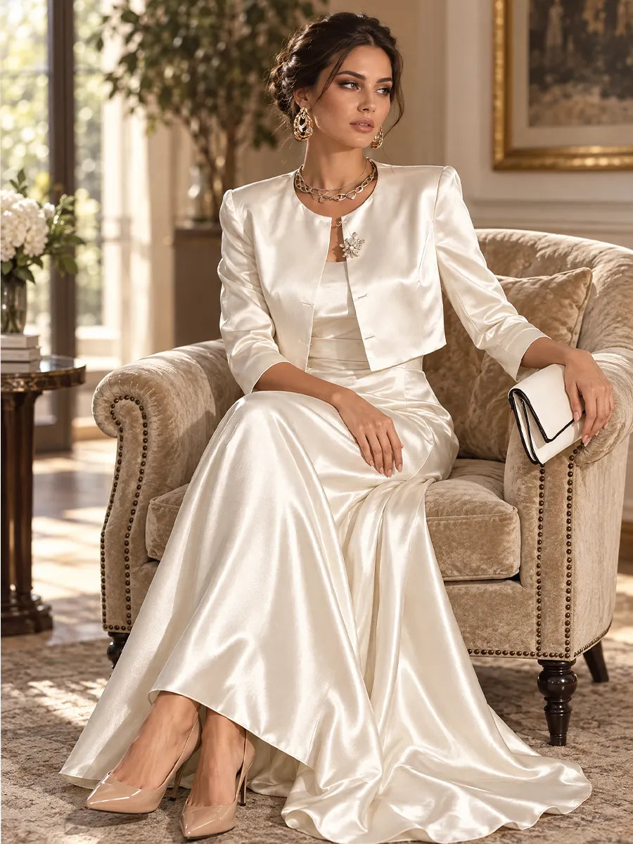Elegant Ivory Satin Cropped Jacket & Maxi Dress Set