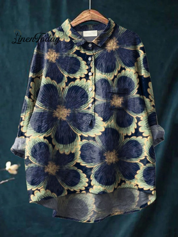 Women's Flower Print Casual Cotton And Linen Shirt