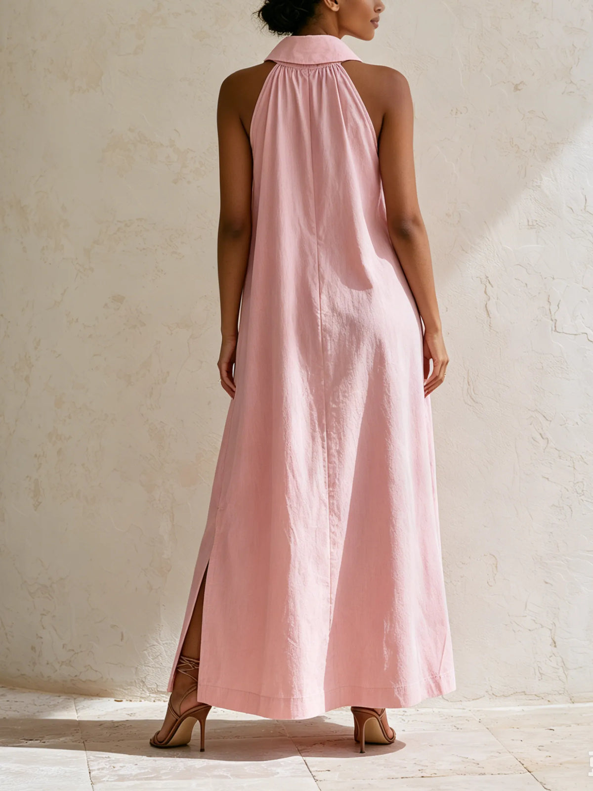 Pink Halter Collar Linen Blend Maxi Dress