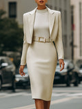Cream Cropped Blazer And High-Waisted Pencil Skirt Set With Belt