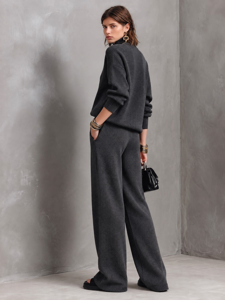 Ribbed Knit Half-Zip Sweater & Wide-Leg Pants Two-Piece Set