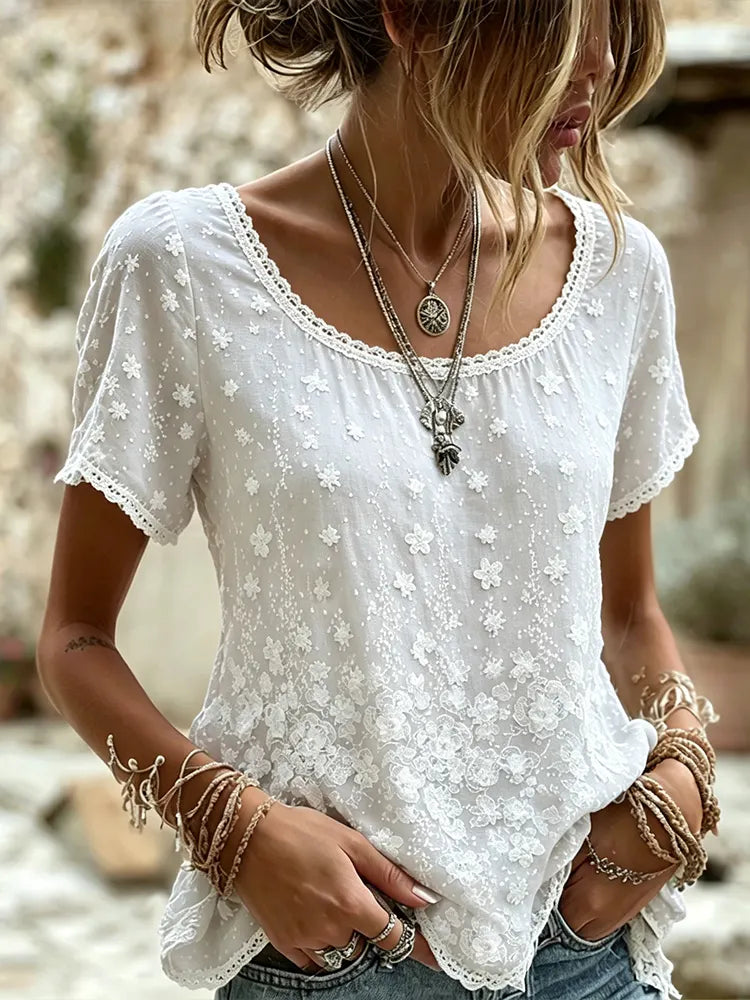 Women's White Cherry Blossom And Lace Art Comfortable Cotton And Linen Crew Neck Short-sleeved Top