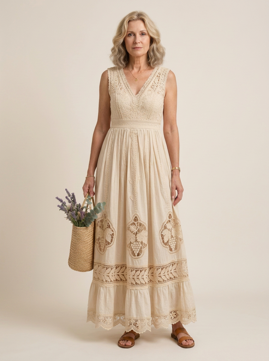 Women's Bohemian Floral Lace Cotton Linen Maxi Dress