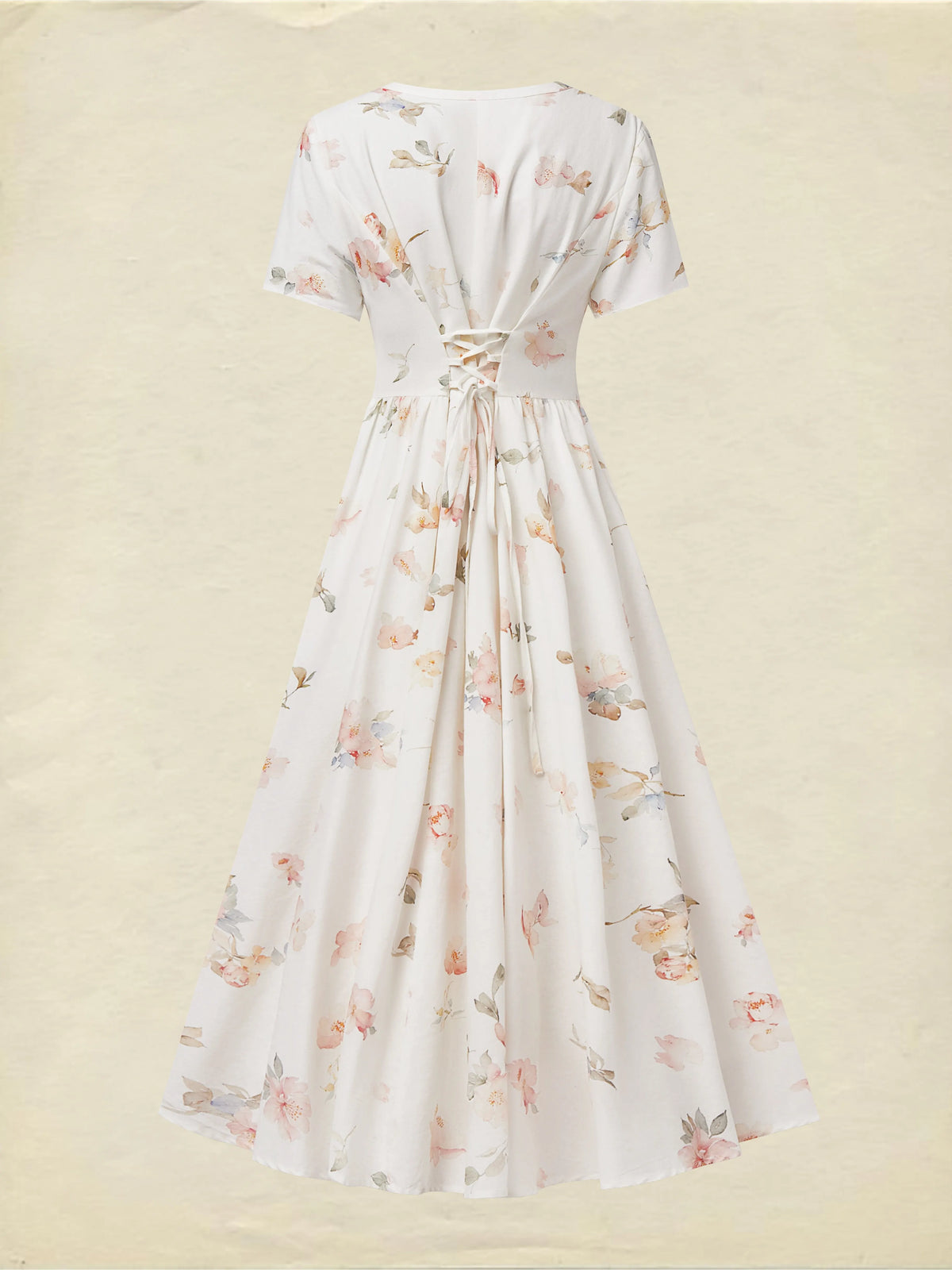 Midi Linen Dress, Short Sleeves, V Neck, Floral, Vintage, White