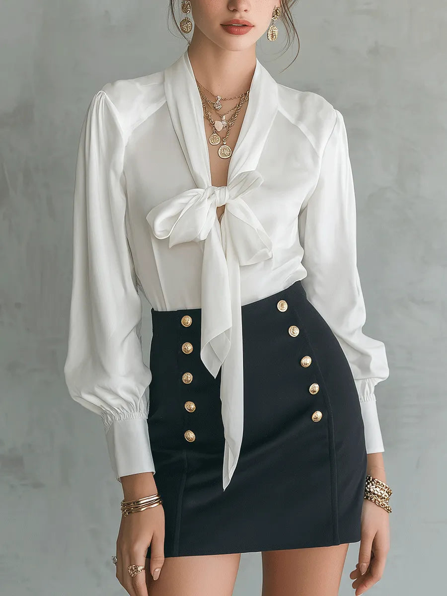 Women's Bow-Tie Satin Blouse & Gold Button Mini Skirt Two-Piece Set