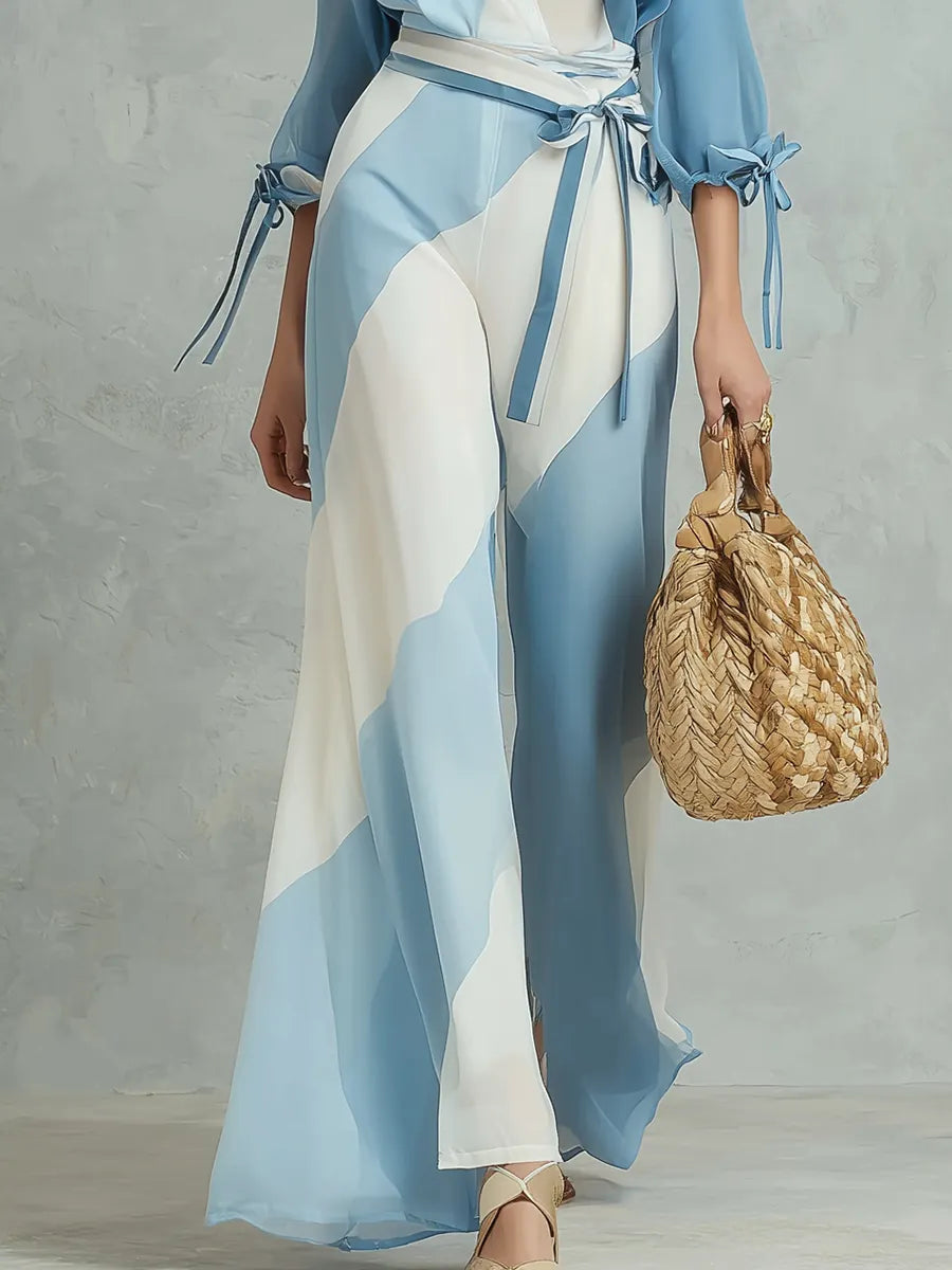Geometric Aesthetic Blue And White Patchwork Lace Up Set