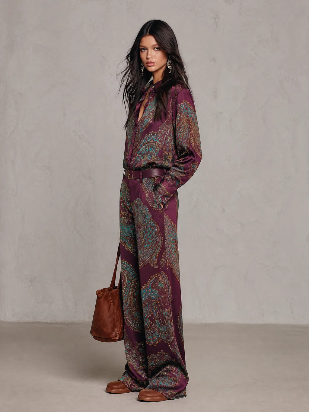 Paisley Print Satin Long Sleeve Shirt & Wide Leg Pants Set