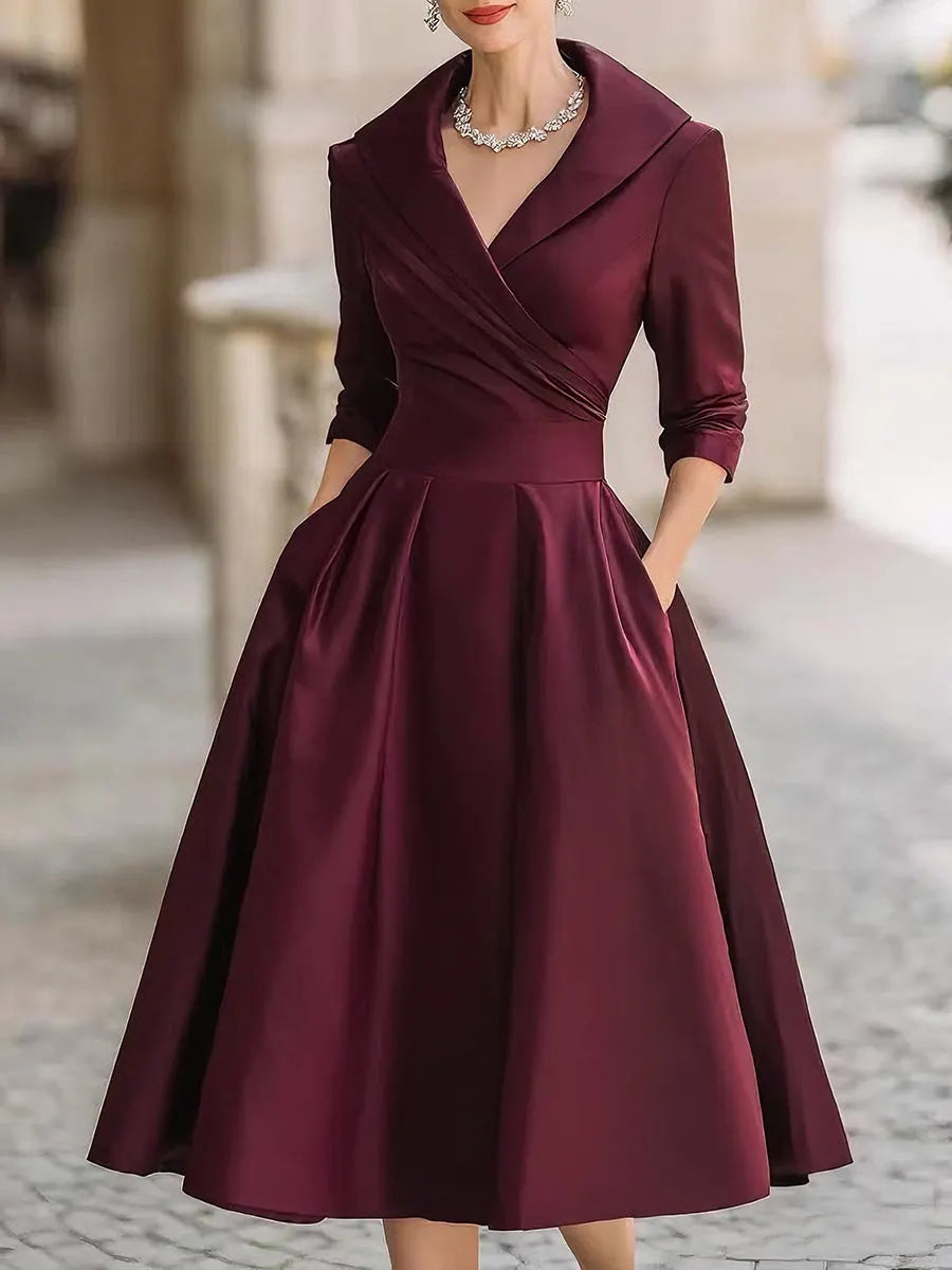 Vintage-Inspired Satin Midi Dress With Draped Collar