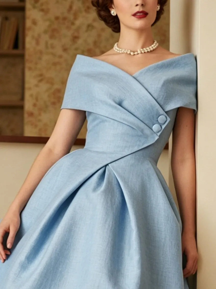 Midi Linen Dress, Short Sleeves, Off The Shoulder, Plain, French Vintage, Blue