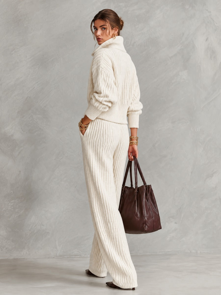 Chunky Ribbed Knit Two-Piece Set - Button Cardigan & Wide-Leg Pants