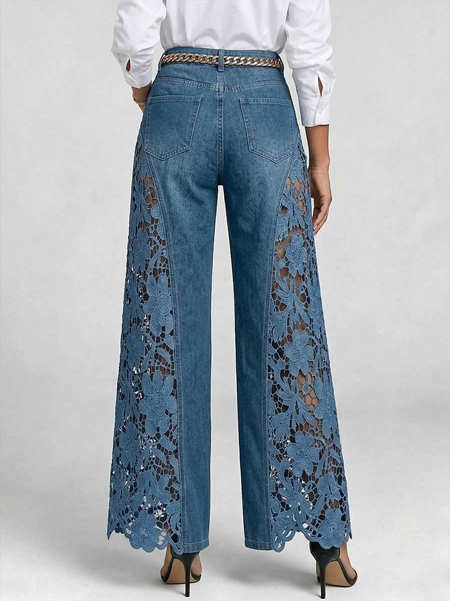 Women's High-waisted Loose-fit Embroidered & Paneled Wide-leg Jeans